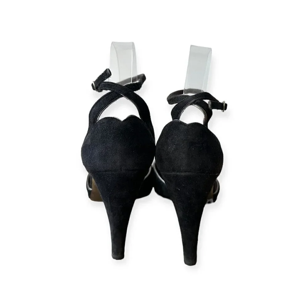 Vintage Charles Jourdan Black Suede Ankle Strap Pumps,  Size 8 1/2